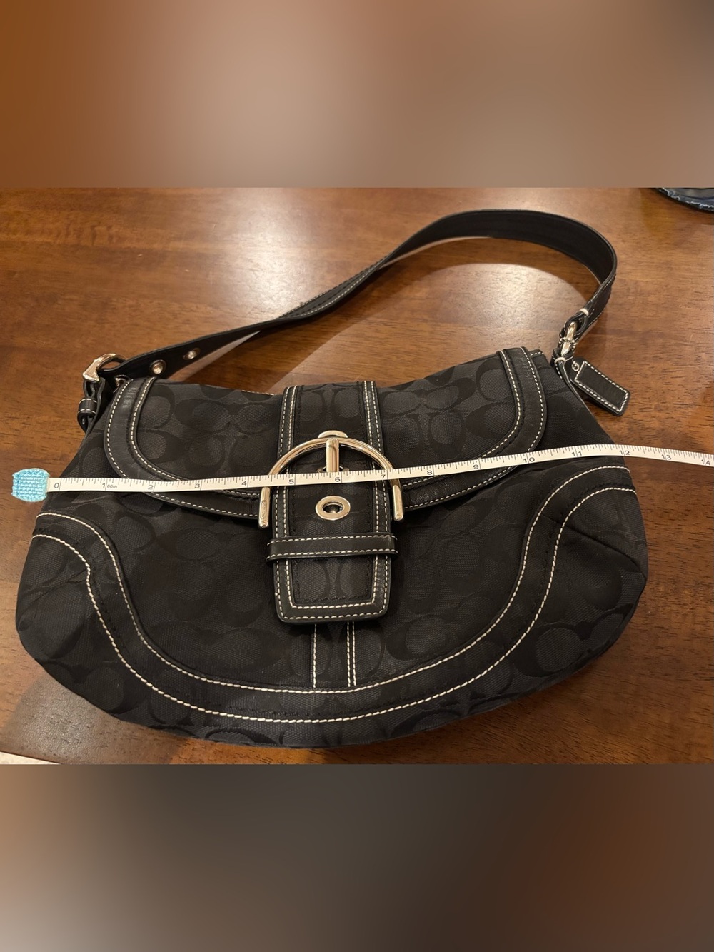 Coach F10926 Vintage Soho Black Leather & Signature Canvas Tote w/silver buckle - Picture 6 of 11